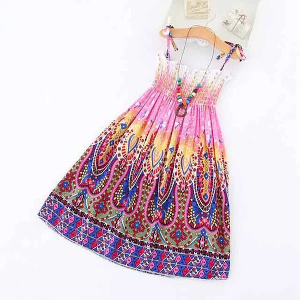 Summer Girls Floral Dress Sling Ruffles Bohemian Beach Princess Dresses for Girl Clothing  2 6 8 12 Years With Necklace Gift