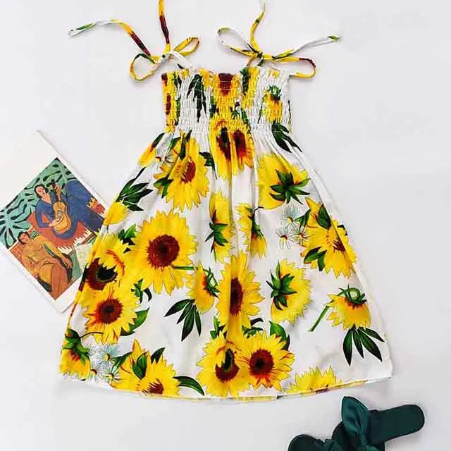Summer Girls Floral Dress Sling Ruffles Bohemian Beach Princess Dresses for Girl Clothing  2 6 8 12 Years With Necklace Gift