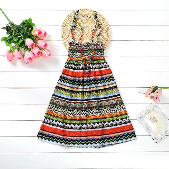 Summer Girls Floral Dress Sling Ruffles Bohemian Beach Princess Dresses for Girl Clothing  2 6 8 12 Years With Necklace Gift