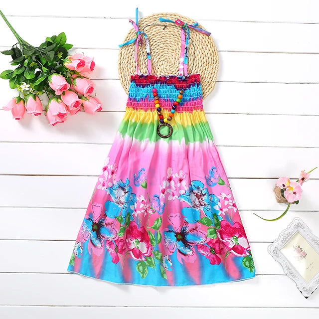 Summer Girls Floral Dress Sling Ruffles Bohemian Beach Princess Dresses for Girl Clothing  2 6 8 12 Years With Necklace Gift