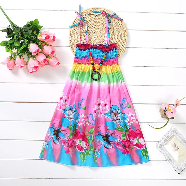 Summer Girls Floral Dress Sling Ruffles Bohemian Beach Princess Dresses for Girl Clothing  2 6 8 12 Years With Necklace Gift