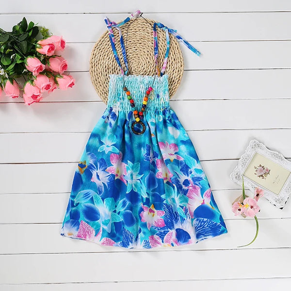 Summer Girls Floral Dress Sling Ruffles Bohemian Beach Princess Dresses for Girl Clothing  2 6 8 12 Years With Necklace Gift