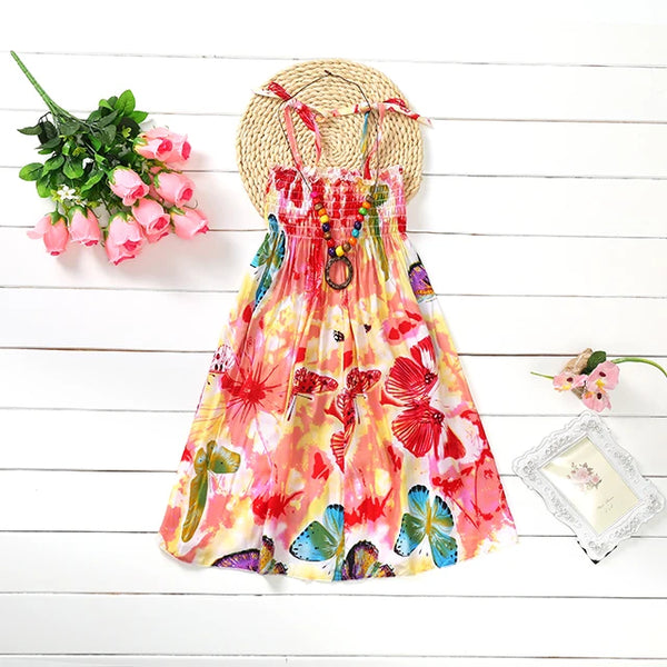 Summer Girls Floral Dress Sling Ruffles Bohemian Beach Princess Dresses for Girl Clothing  2 6 8 12 Years With Necklace Gift