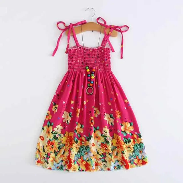 Summer Girls Floral Dress Sling Ruffles Bohemian Beach Princess Dresses for Girl Clothing  2 6 8 12 Years With Necklace Gift