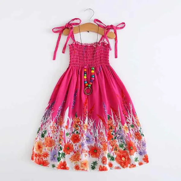 Summer Girls Floral Dress Sling Ruffles Bohemian Beach Princess Dresses for Girl Clothing  2 6 8 12 Years With Necklace Gift