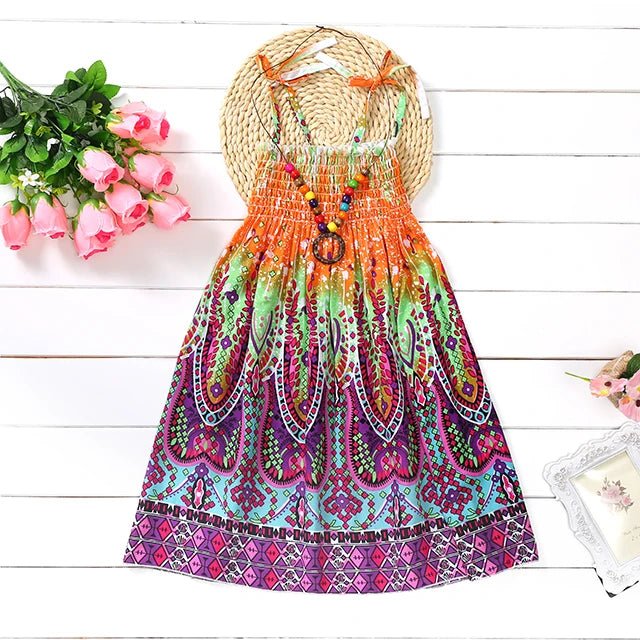 Summer Girls Floral Dress Sling Ruffles Bohemian Beach Princess Dresses for Girl Clothing  2 6 8 12 Years With Necklace Gift