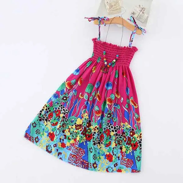 Summer Girls Floral Dress Sling Ruffles Bohemian Beach Princess Dresses for Girl Clothing  2 6 8 12 Years With Necklace Gift