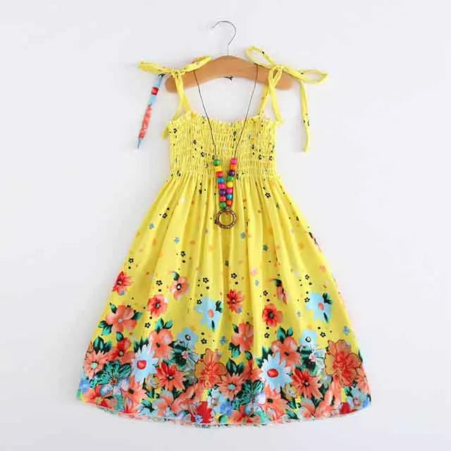 Summer Girls Floral Dress Sling Ruffles Bohemian Beach Princess Dresses for Girl Clothing  2 6 8 12 Years With Necklace Gift