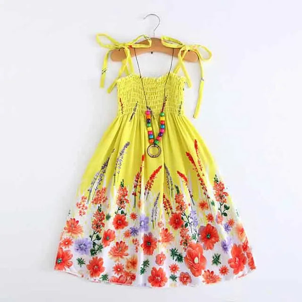 Summer Girls Floral Dress Sling Ruffles Bohemian Beach Princess Dresses for Girl Clothing  2 6 8 12 Years With Necklace Gift
