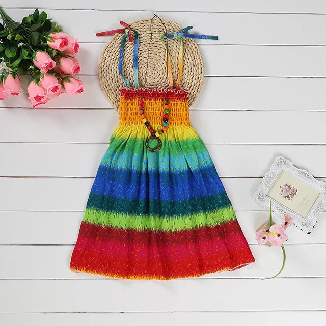 Summer Girls Floral Dress Sling Ruffles Bohemian Beach Princess Dresses for Girl Clothing  2 6 8 12 Years With Necklace Gift