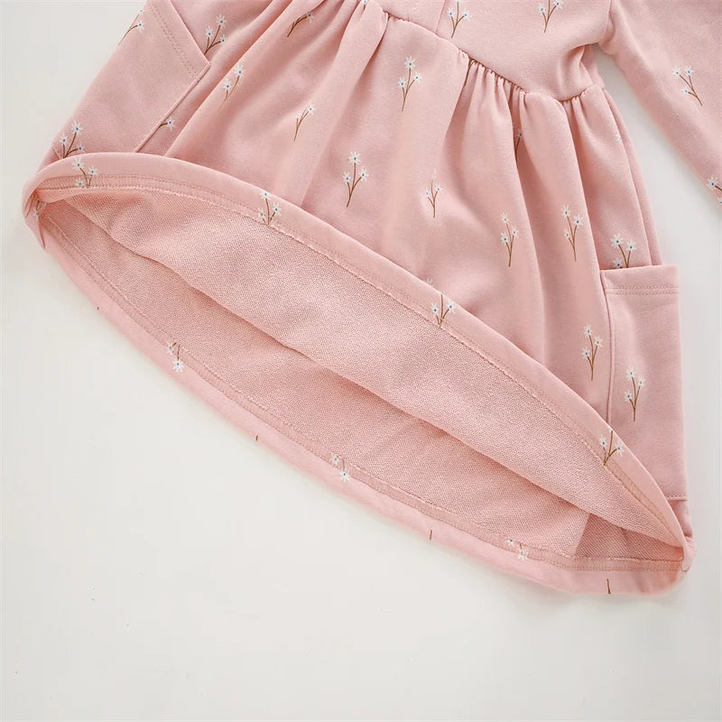 3-8T Flowers Printed Princess Girls Dresses Cotton Long Sleeve Buttons Children's Clothes Autumn SpringParty Fashion Kids Frocks
