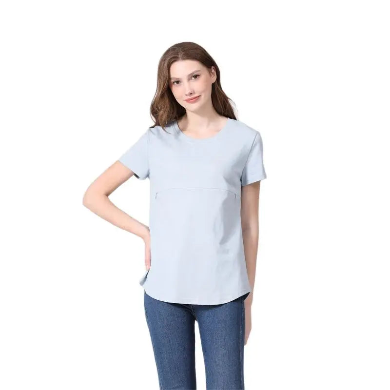 Summer plus Size Maternity Breastfeeding Tops Short Sleeve Cotton Lactation T-Shirt Zip Nursing Tees for Pregnant Women