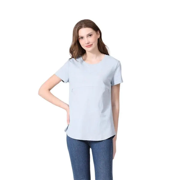 Summer plus Size Maternity Breastfeeding Tops Short Sleeve Cotton Lactation T-Shirt Zip Nursing Tees for Pregnant Women