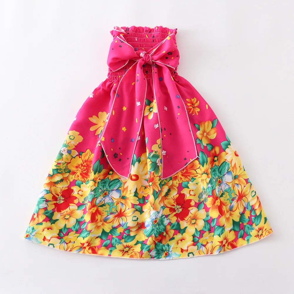 Summer Girls Floral Dress Sling Ruffles Bohemian Beach Princess Dresses for Girl Clothing  2 6 8 12 Years With Necklace Gift