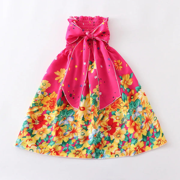 Summer Girls Floral Dress Sling Ruffles Bohemian Beach Princess Dresses for Girl Clothing  2 6 8 12 Years With Necklace Gift
