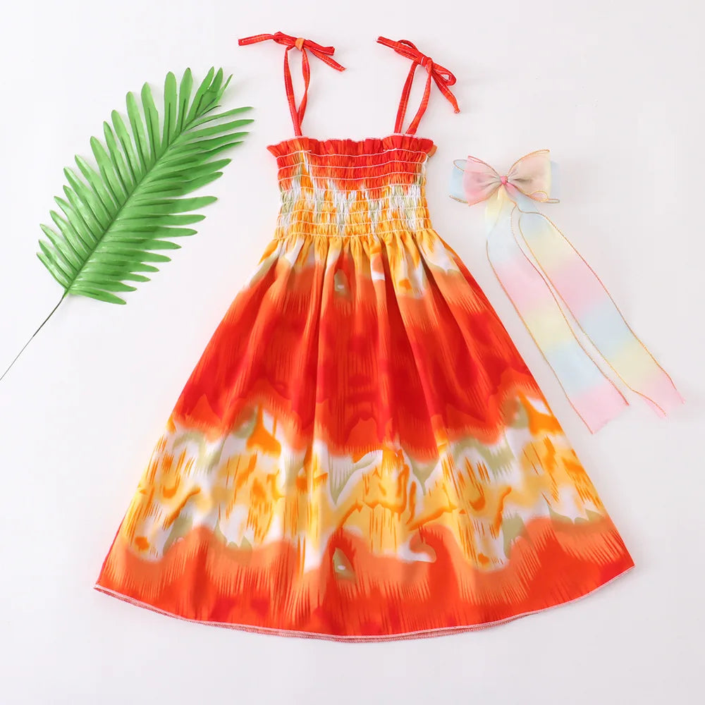 Summer Girls Floral Dress Sling Ruffles Bohemian Beach Princess Dresses for Girl Clothing  2 6 8 12 Years With Necklace Gift