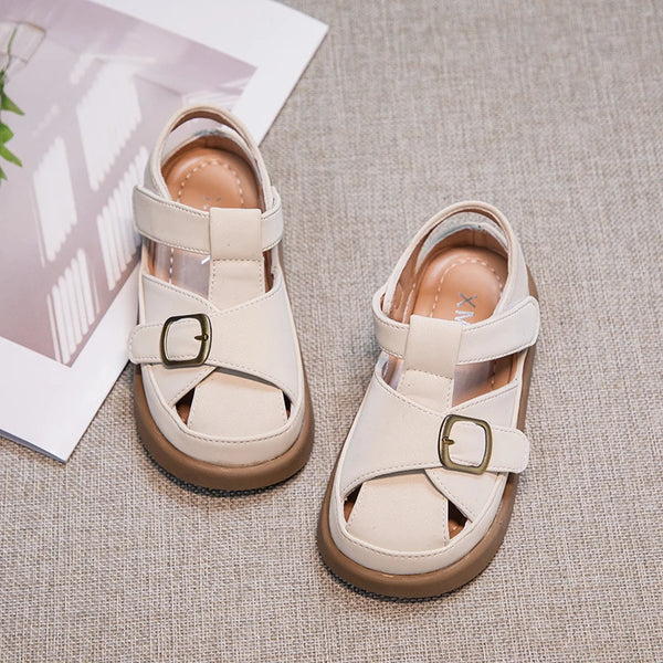 Boys Girls Hollow Toes Capped Sandals Kids Summer Beach Shoes Metal Buckle Fashion Children Roman Sandals Solid Color Simple New