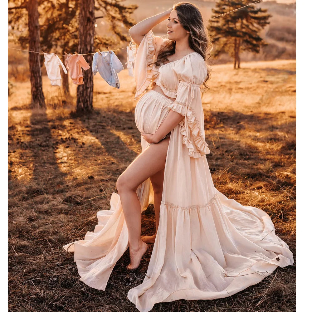 Bohemian Photo Shooting Pregnancy Dress Comfortable Cotton Pleated Sleeves Two-Piece Set Maternity Photography Dress Outfit