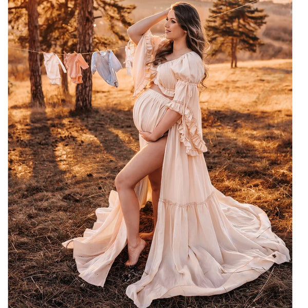 Bohemian Photo Shooting Pregnancy Dress Comfortable Cotton Pleated Sleeves Two-Piece Set Maternity Photography Dress Outfit