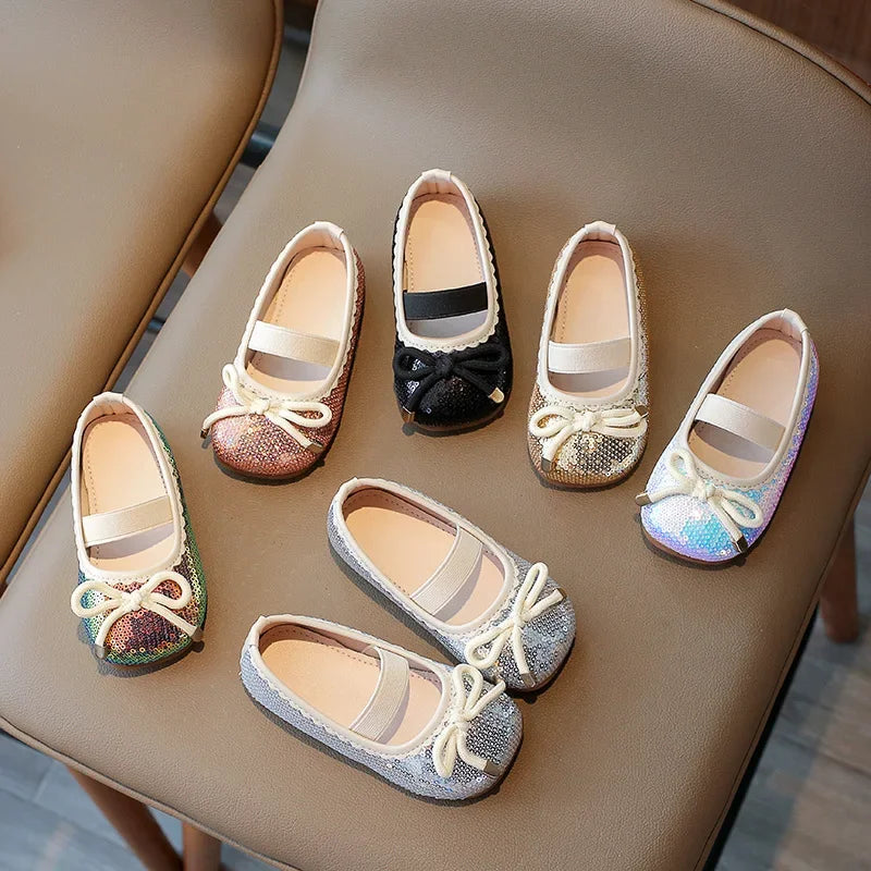 Girls Leather Shoes 2024 Brand New Kids Dress Shoes for Wedding Party Bling Glitter Flat mary janes Bow-knot Shoes Kids H02037