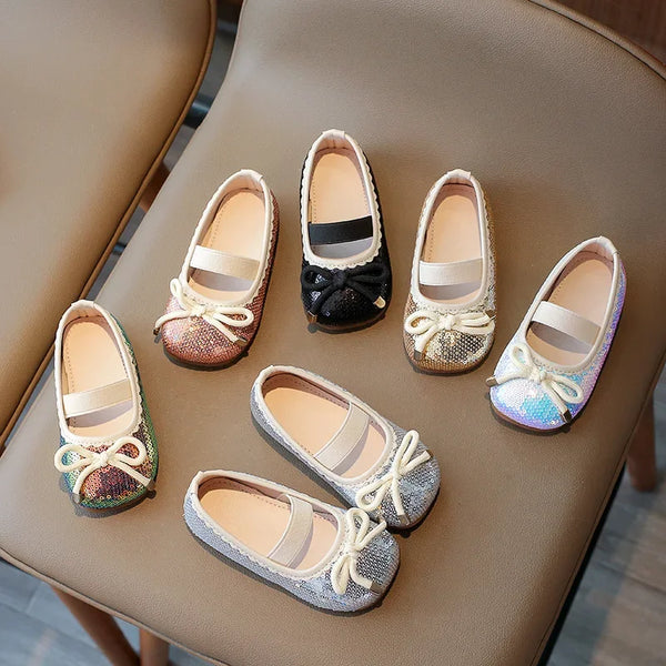 Girls Leather Shoes 2024 Brand New Kids Dress Shoes for Wedding Party Bling Glitter Flat mary janes Bow-knot Shoes Kids H02037