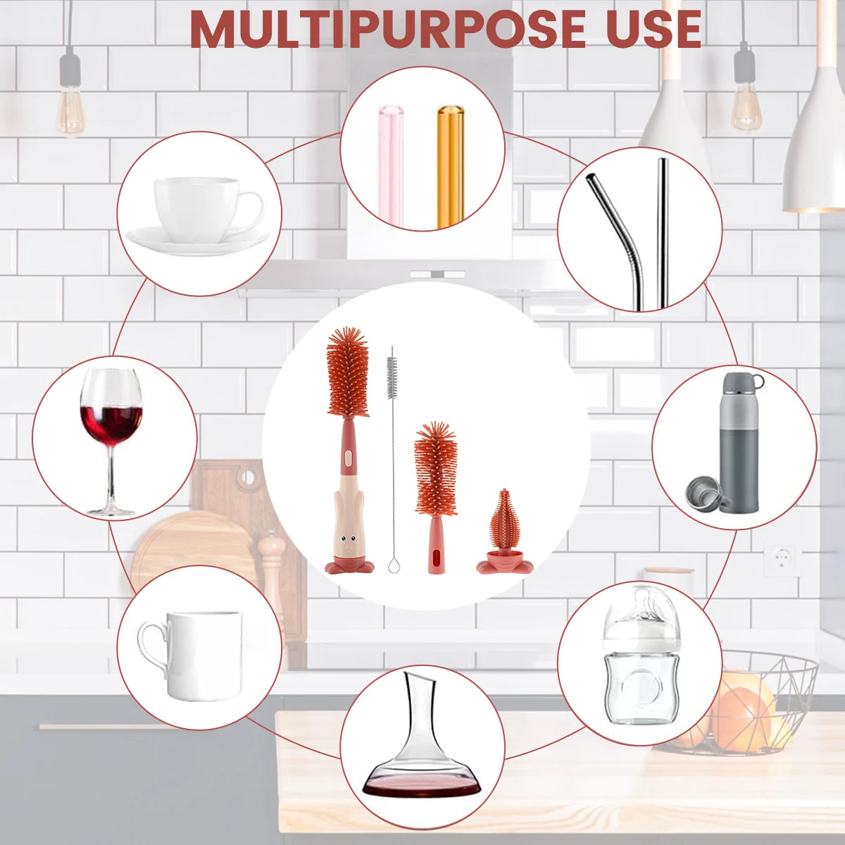 3 in 1 Baby Bottle Brush Set Lone Handle Silicone Bottle and Teat Cleaning Brush with Stand Portable Straw Cleaner Brush