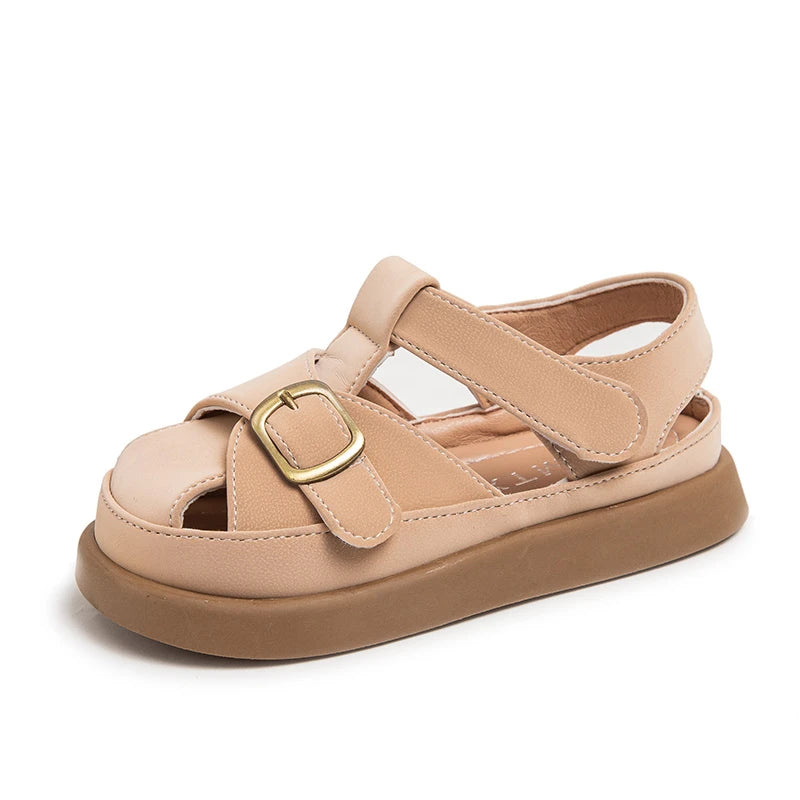 Boys Girls Hollow Toes Capped Sandals Kids Summer Beach Shoes Metal Buckle Fashion Children Roman Sandals Solid Color Simple New