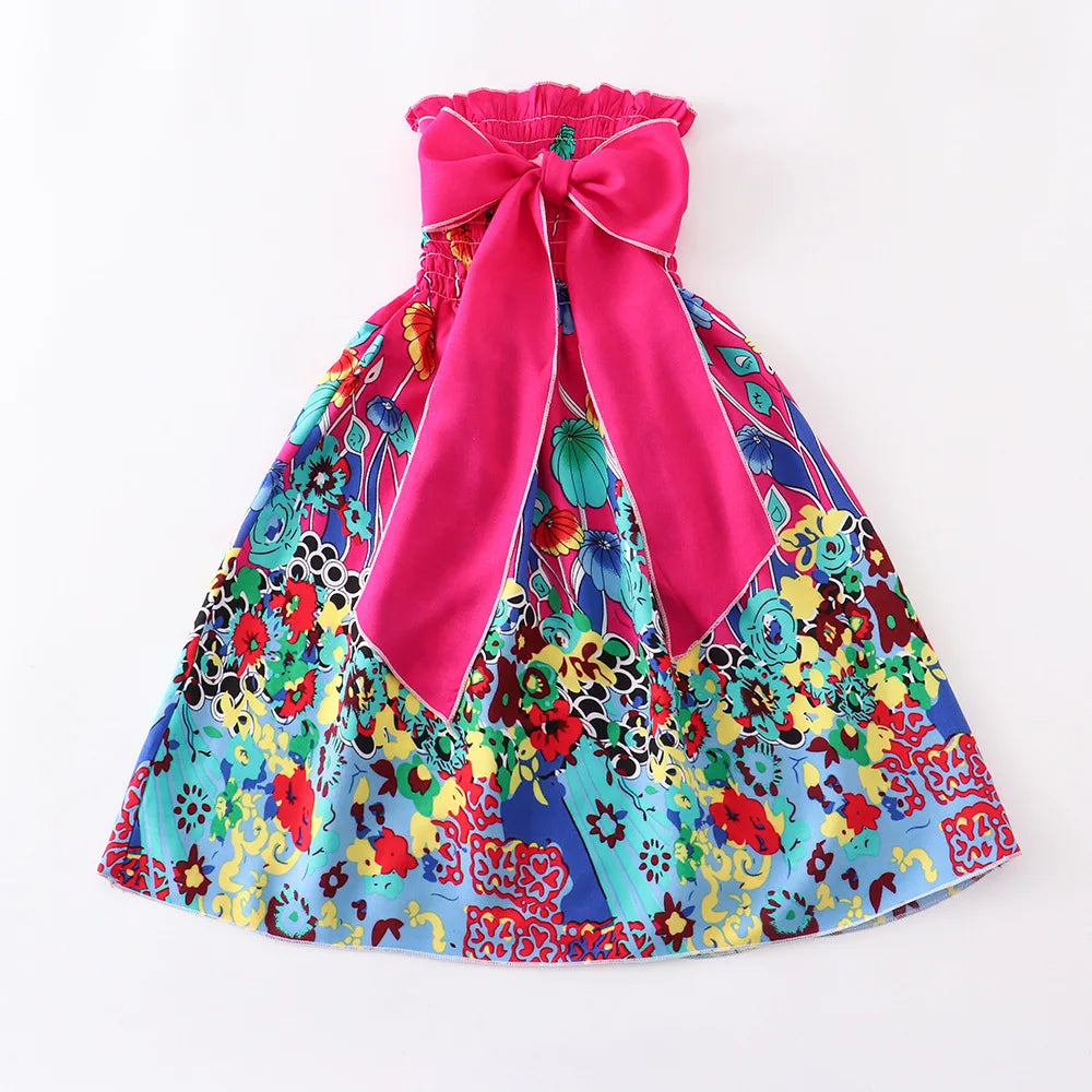 Summer Girls Floral Dress Sling Ruffles Bohemian Beach Princess Dresses for Girl Clothing  2 6 8 12 Years With Necklace Gift