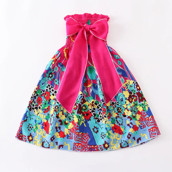 Summer Girls Floral Dress Sling Ruffles Bohemian Beach Princess Dresses for Girl Clothing  2 6 8 12 Years With Necklace Gift