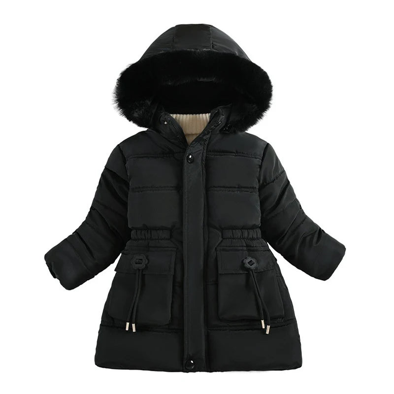 New Girls Jacket Winter Long Style Solid Color Waist Plus Velvet Warm Hooded Coat For Kids 4-12 Years Teenager Girl Down Parka
