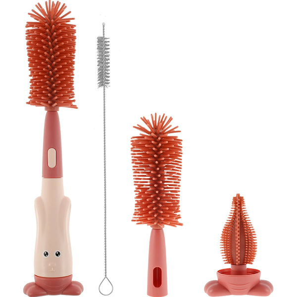 3 in 1 Baby Bottle Brush Set Lone Handle Silicone Bottle and Teat Cleaning Brush with Stand Portable Straw Cleaner Brush
