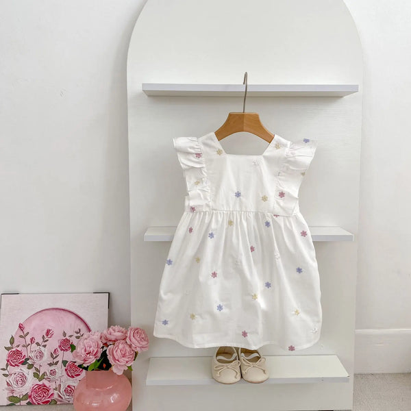 1-6Yrs Girls Fashion Embroidered Flower Dress Summer New Little Girls Toddler Princess Dresses Kids Flying Sleeves Party Clothes