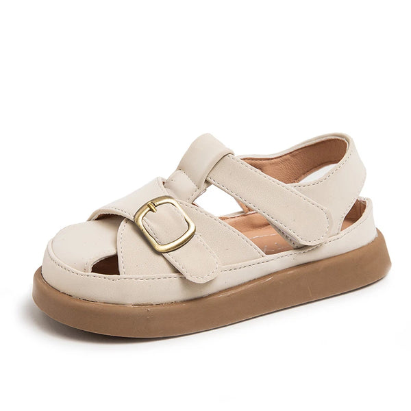 Boys Girls Hollow Toes Capped Sandals Kids Summer Beach Shoes Metal Buckle Fashion Children Roman Sandals Solid Color Simple New