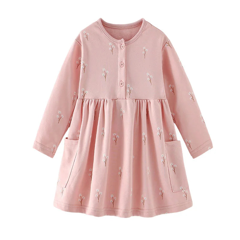 3-8T Flowers Printed Princess Girls Dresses Cotton Long Sleeve Buttons Children's Clothes Autumn SpringParty Fashion Kids Frocks