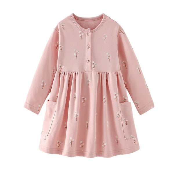 3-8T Flowers Printed Princess Girls Dresses Cotton Long Sleeve Buttons Children's Clothes Autumn SpringParty Fashion Kids Frocks