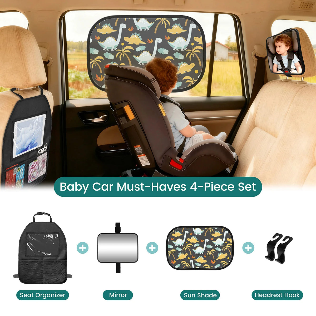 Baby Car Essentials Starter Kit | Backseat Organizer + 2 Sun Shades + 2 Hooks + Rear Mirror