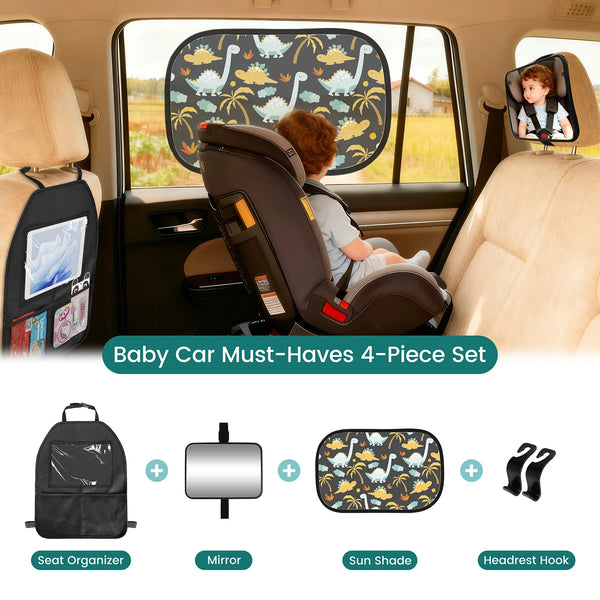 Baby Car Essentials Starter Kit | Backseat Organizer + 2 Sun Shades + 2 Hooks + Rear Mirror