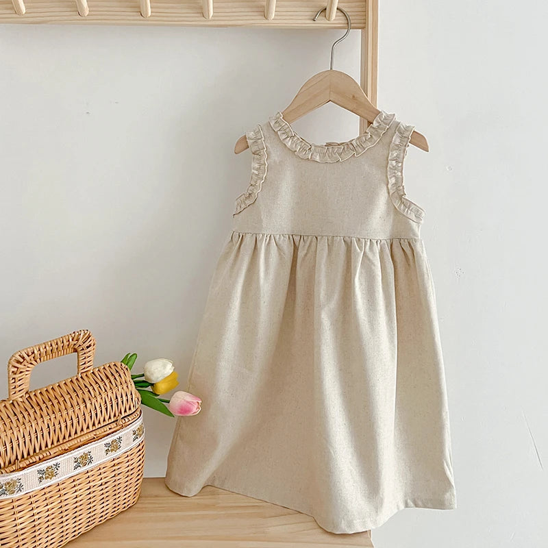 1-6Y Kids Baby Girl Dress Toddler Ruffles Sleeve Princess Dress Solid Cotton Linen Casual Dress for Party Flower Girl Clothes