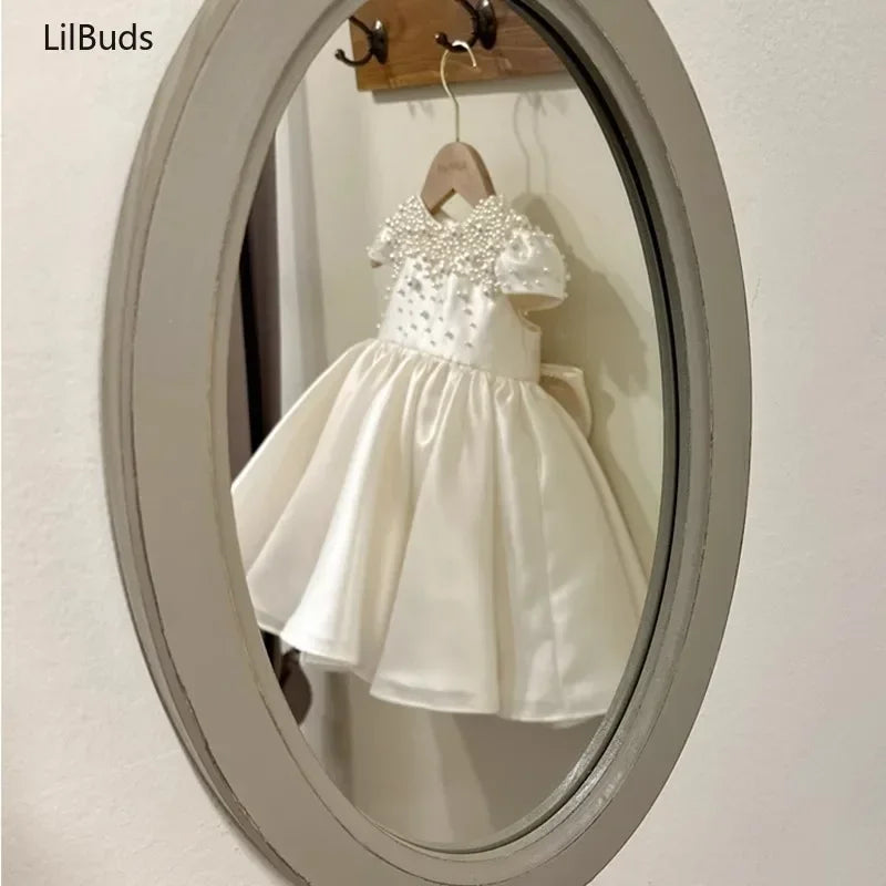 Handmade Baby Girl White Satin Dress Elegant  Cute Vestidos Party Wedding Clothes EidsToddler Princess Dresses for Birthday