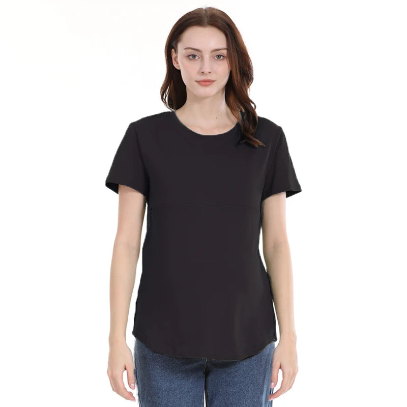 Summer plus Size Maternity Breastfeeding Tops Short Sleeve Cotton Lactation T-Shirt Zip Nursing Tees for Pregnant Women