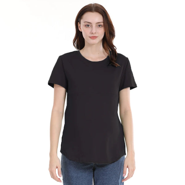 Summer plus Size Maternity Breastfeeding Tops Short Sleeve Cotton Lactation T-Shirt Zip Nursing Tees for Pregnant Women