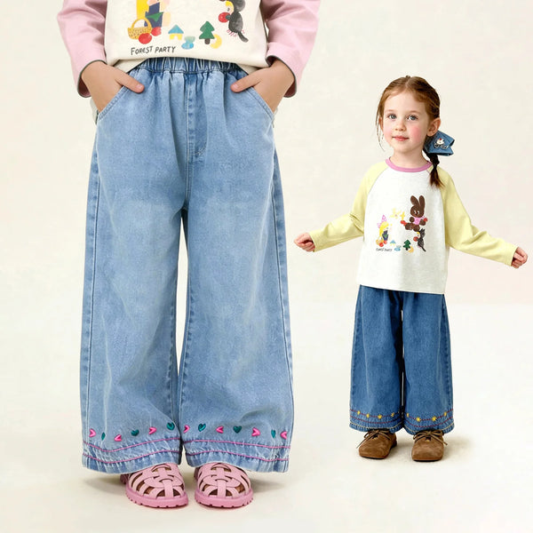 Amila 2026 Spring Children's Jeans Loose Wide Leg Embroidered Stripe Design Casual Daily Fashion Children's Underwear