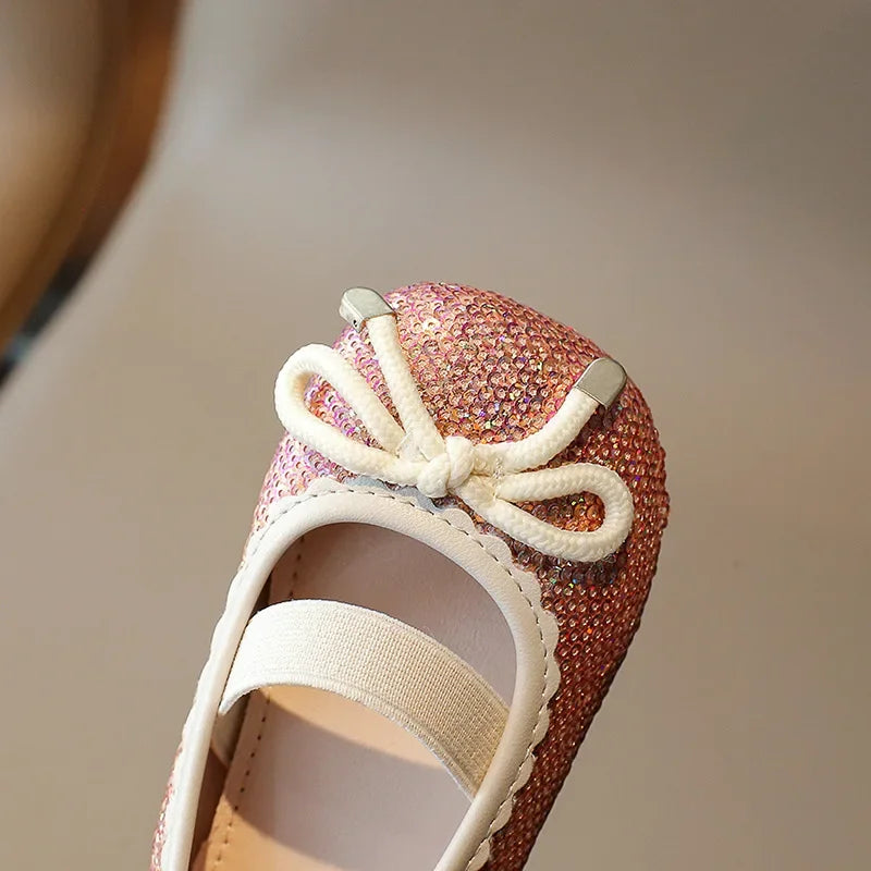 Girls Leather Shoes 2024 Brand New Kids Dress Shoes for Wedding Party Bling Glitter Flat mary janes Bow-knot Shoes Kids H02037