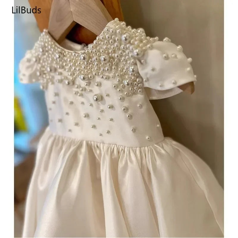 Handmade Baby Girl White Satin Dress Elegant  Cute Vestidos Party Wedding Clothes EidsToddler Princess Dresses for Birthday