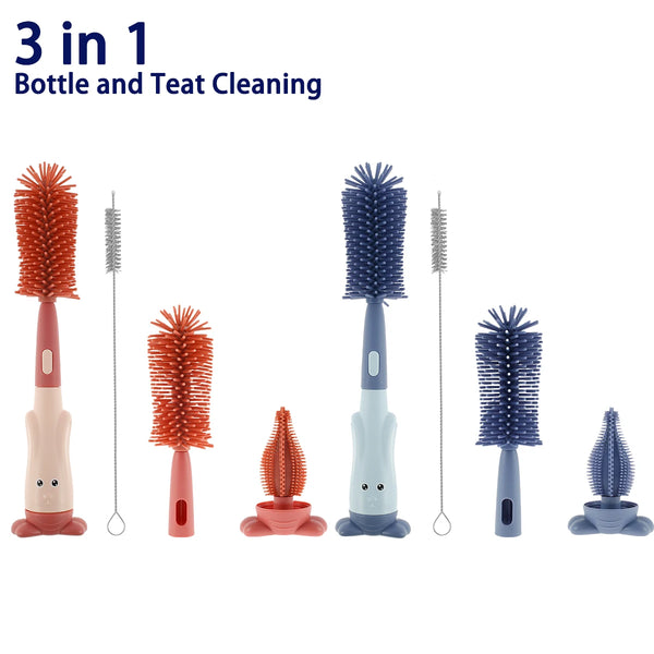 3 in 1 Baby Bottle Brush Set Lone Handle Silicone Bottle and Teat Cleaning Brush with Stand Portable Straw Cleaner Brush