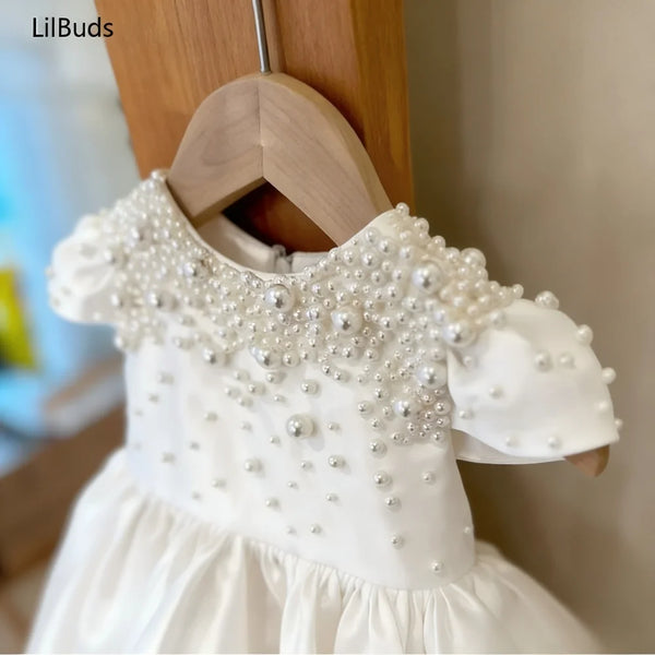 Handmade Baby Girl White Satin Dress Elegant  Cute Vestidos Party Wedding Clothes EidsToddler Princess Dresses for Birthday