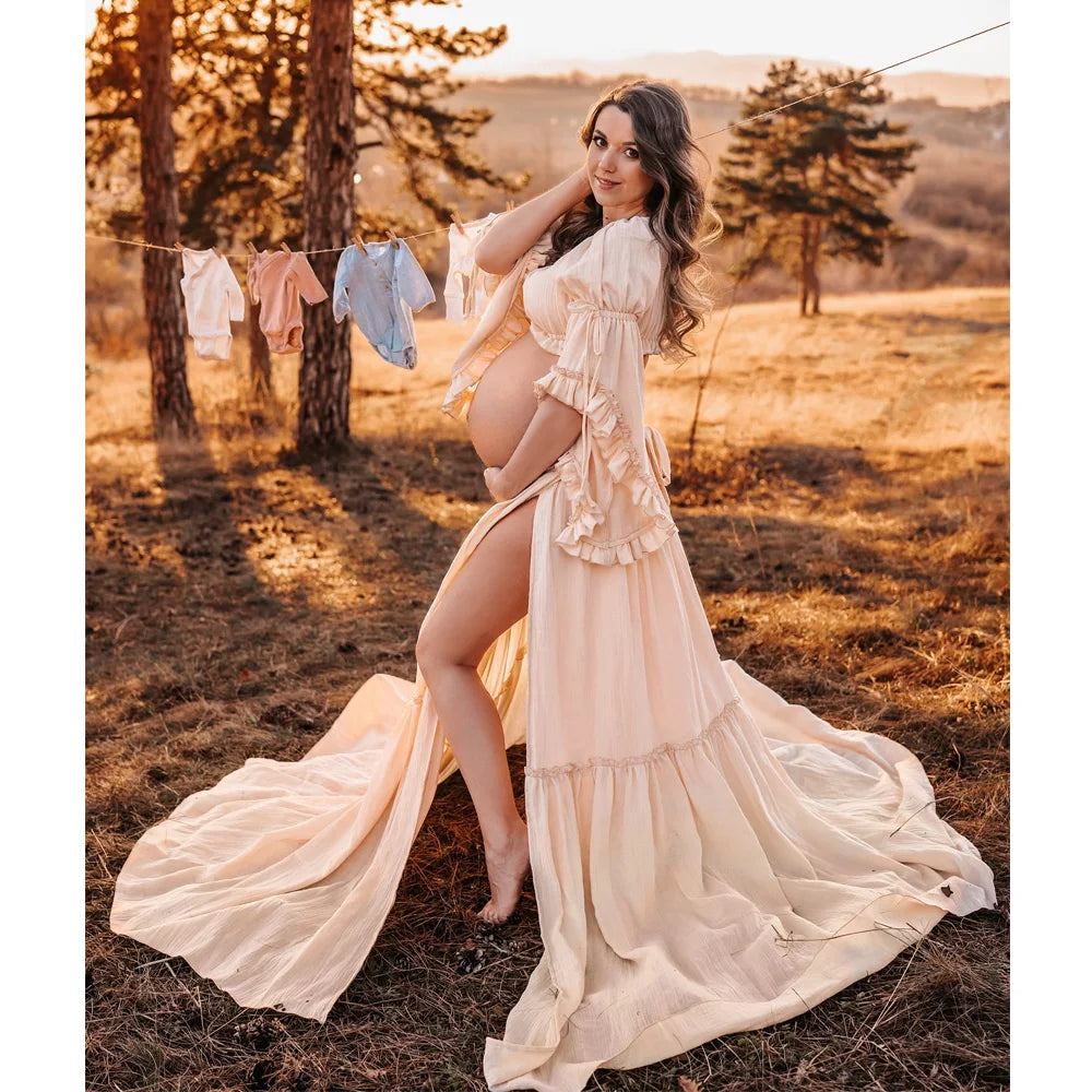 Bohemian Photo Shooting Pregnancy Dress Comfortable Cotton Pleated Sleeves Two-Piece Set Maternity Photography Dress Outfit