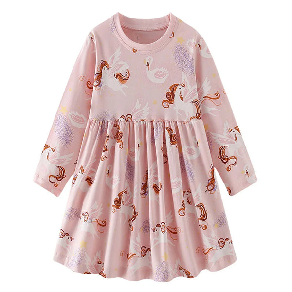 3-8T Flowers Printed Princess Girls Dresses Cotton Long Sleeve Buttons Children's Clothes Autumn SpringParty Fashion Kids Frocks