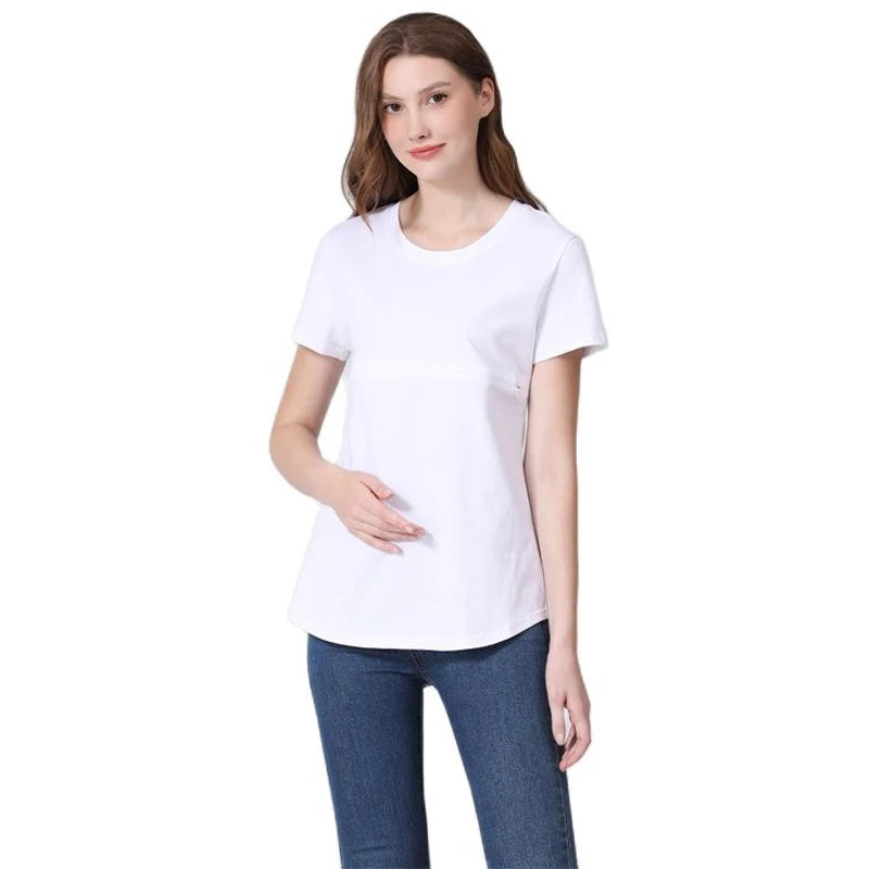 Summer plus Size Maternity Breastfeeding Tops Short Sleeve Cotton Lactation T-Shirt Zip Nursing Tees for Pregnant Women
