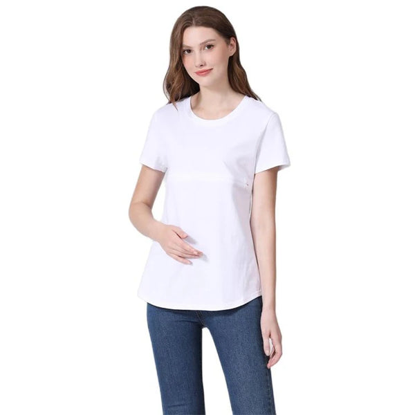 Summer plus Size Maternity Breastfeeding Tops Short Sleeve Cotton Lactation T-Shirt Zip Nursing Tees for Pregnant Women